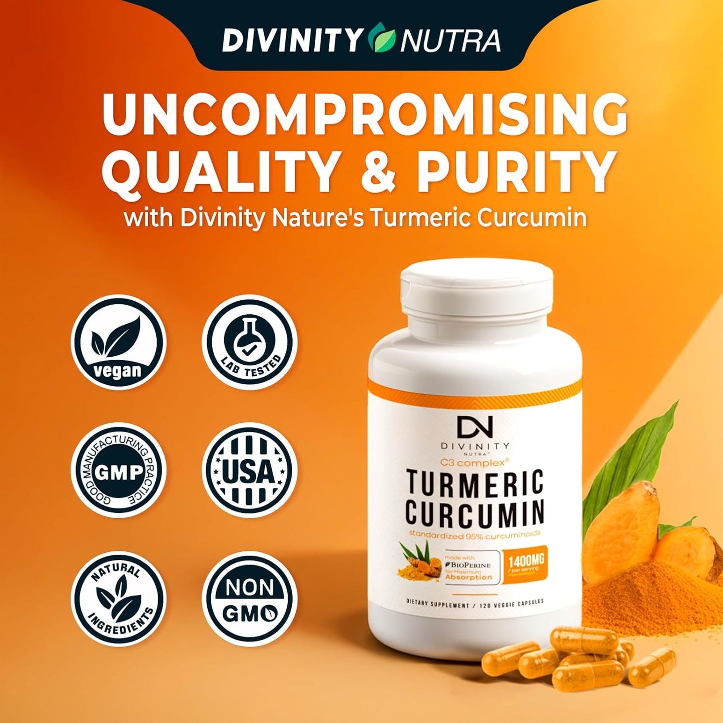 Nutra Turmeric Curcumin 1400mg with BioPerine for Joint Support - 95% Standardized Curcuminoids, Max Absorption, Non GMO - 120 Capsules