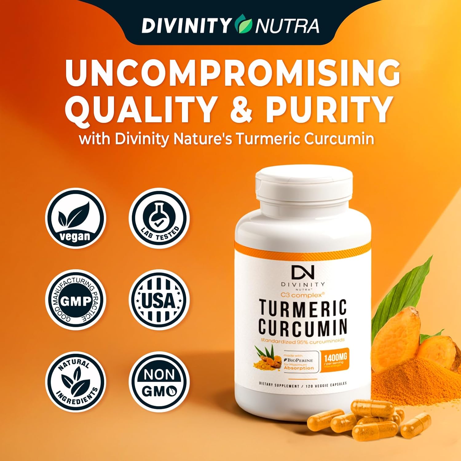 Nutra Turmeric Curcumin 1400mg with BioPerine for Joint Support - 95% Standardized Curcuminoids, Max Absorption, Non GMO - 120 Capsules