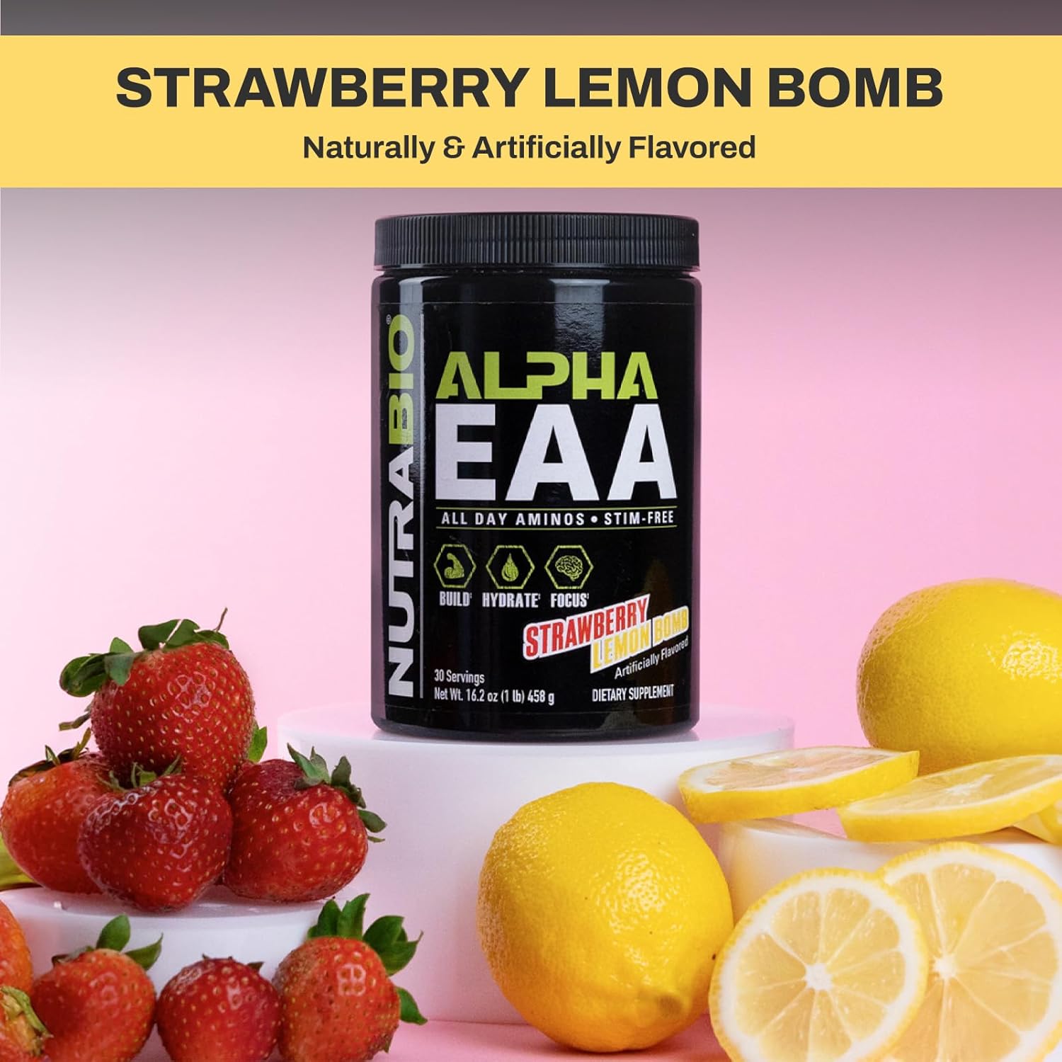 NutraBio Alpha EAA Amino Acid Supplement for Muscle Growth - Full Spectrum BCAA Powder - 30 Servings - Strawberry Lemon Flavor