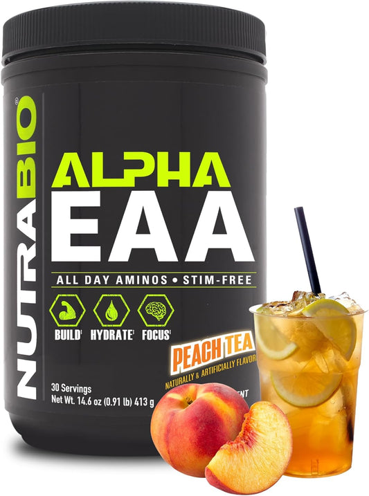 NutraBio Alpha EAA Peach Tea Supplement - Full Spectrum EAA BCAA Matrix with Electrolytes, Nootropics, Coconut Water - Recovery, Energy, Focus, and Hydration Formula