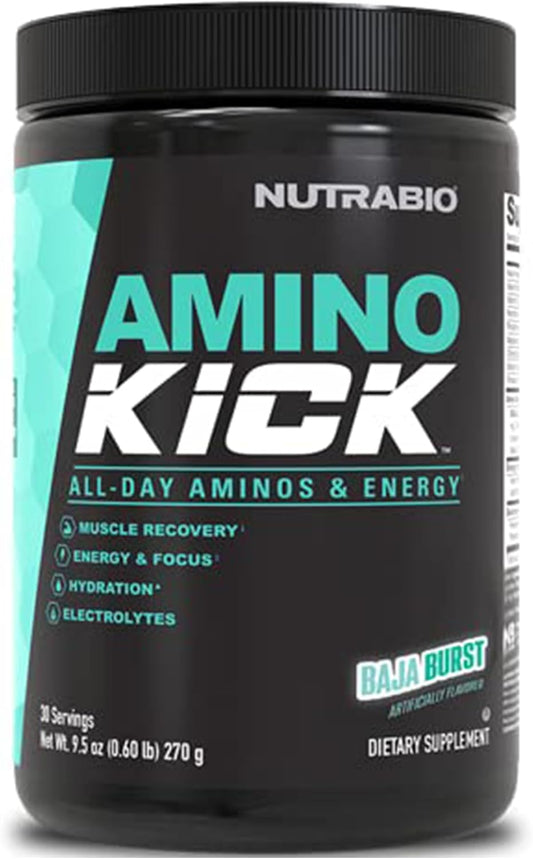 NutraBio Amino Kick BCAA Energy Drink with Electrolytes & Natural Caffeine - Baja Burst Flavor, 30 Servings