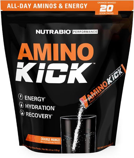 NutraBio Amino Kick Orange Mango 20 Servings - All-in-One Performance Formula for Energy, Hydration, Recovery - 6g Amino Acids - Muscle Building Support