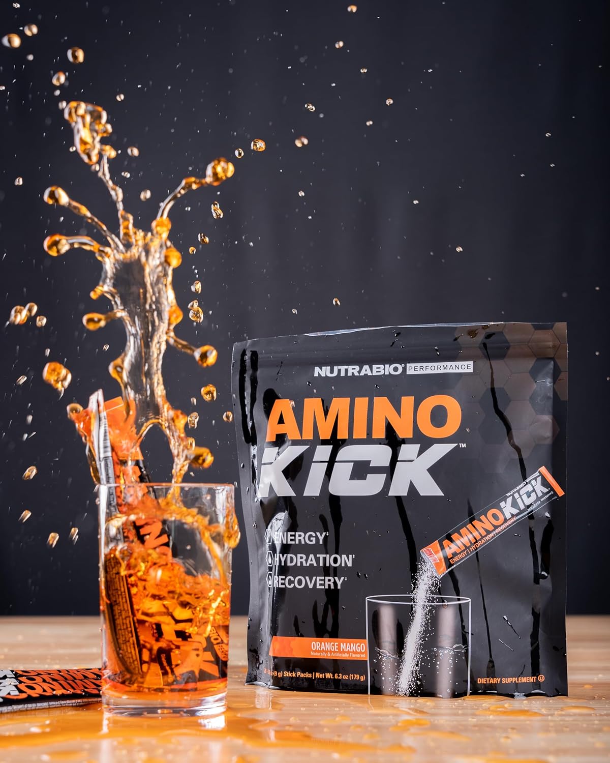 NutraBio Amino Kick Orange Mango 20 Servings - All-in-One Performance Formula for Energy, Hydration, Recovery - 6g Amino Acids - Muscle Building Support
