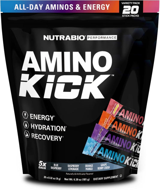NutraBio Amino Kick Variety Pack - All-in-One Performance Formula for Energy, Hydration, and Recovery with 6g Amino Acids - 20 Servings for Muscle Building Support