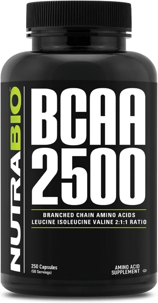 NutraBio BCAA 2500 Capsules - Supports Muscle Growth & Prevents Breakdown - Branched Chain Amino Acids for Strength & Recovery