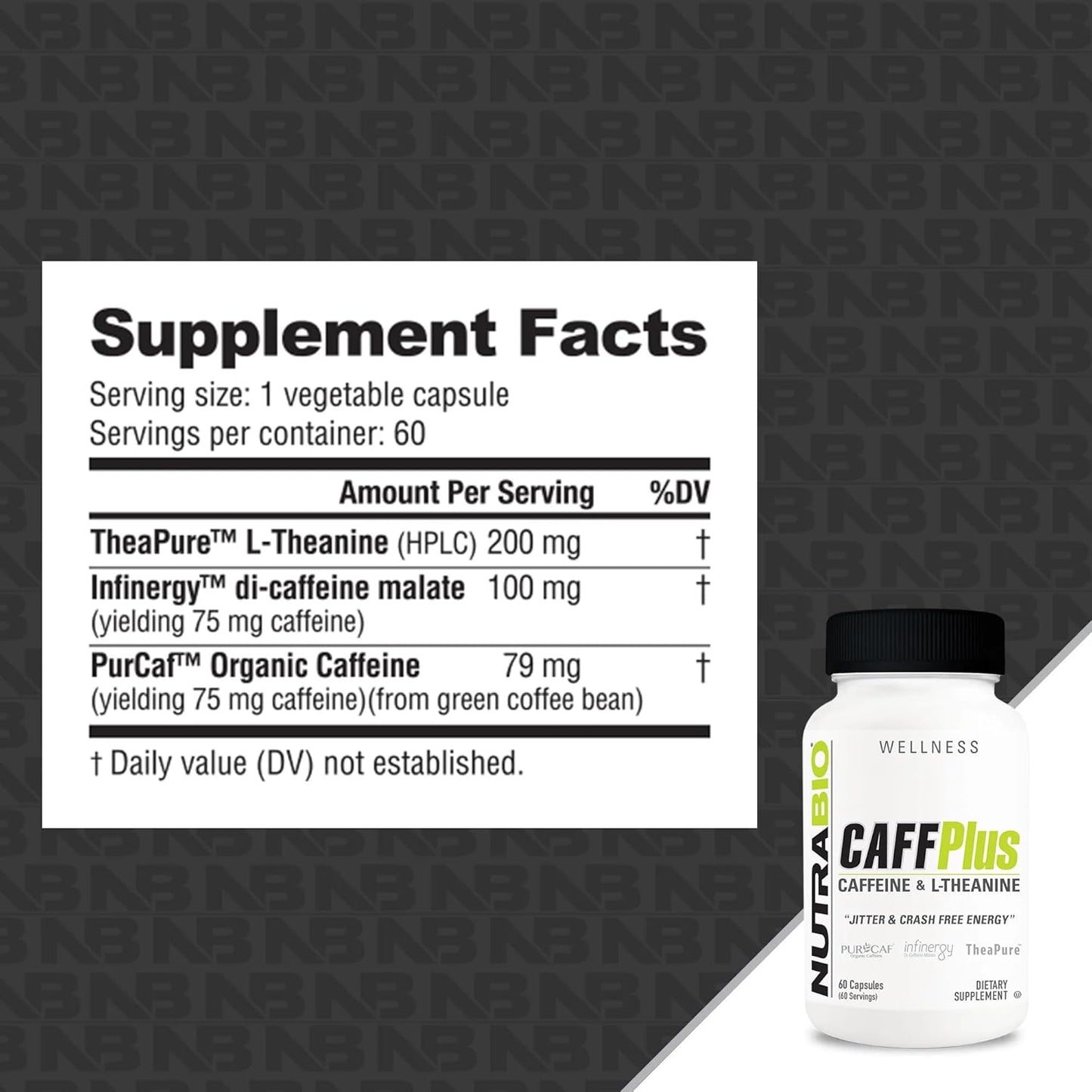 NutraBio CaffPlus: 60 Vegetable Capsules for Healthy Energy Boost with Dual Source Caffeine and Theanine