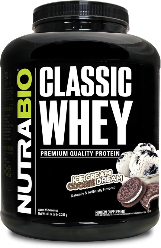 NutraBio Classic Whey Protein Powder, 5 Pounds - Ice Cream Cookie Dream Flavor - Full Amino Acid Profile - No Fillers, Artificial Ingredients - Low Glycemic Index