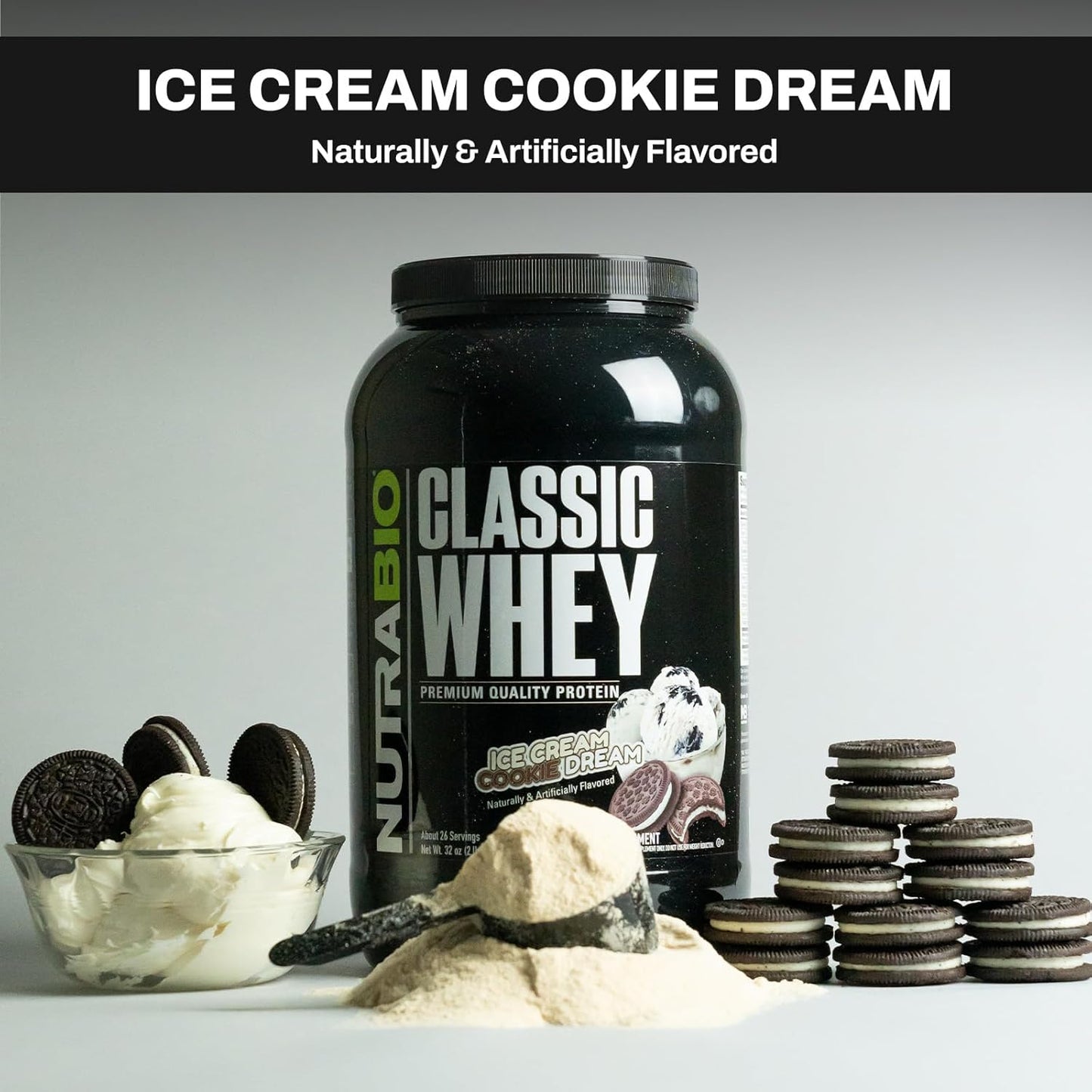 NutraBio Classic Whey Protein Powder, 5 Pounds - Ice Cream Cookie Dream Flavor - Full Amino Acid Profile - No Fillers, Artificial Ingredients - Low Glycemic Index