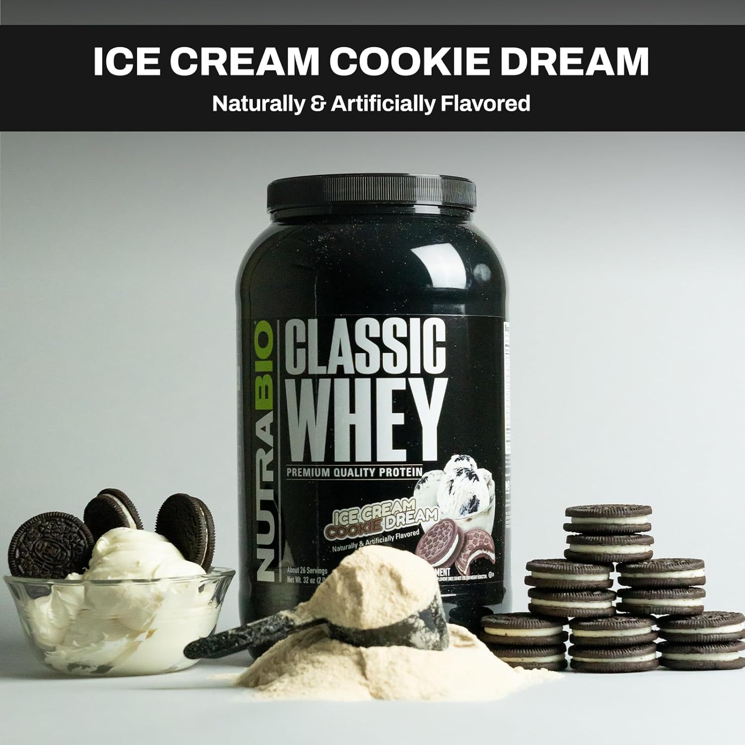 NutraBio Classic Whey Protein Powder, 5 Pounds - Ice Cream Cookie Dream Flavor - Full Amino Acid Profile - No Fillers, Artificial Ingredients - Low Glycemic Index