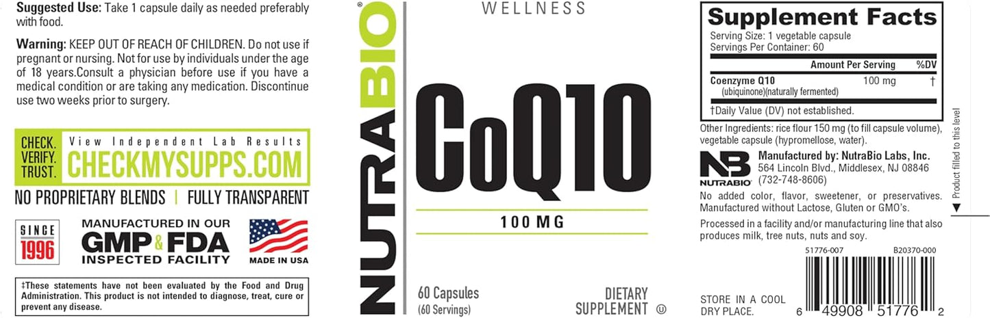 NutraBio CoQ10 Supplement for Heart Health & Energy, 100mg - 60 Capsules