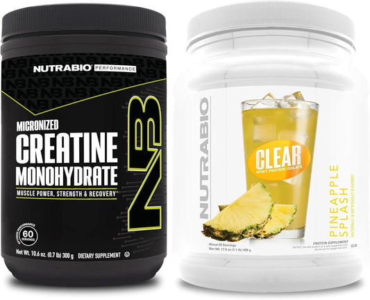 NutraBio Creatine Monohydrate and Clear Whey Protein Isolate Supplement Bundle - Muscle Energy, Growth, Recovery, Strength - Unflavored & Pineapple Splash - (300 g)