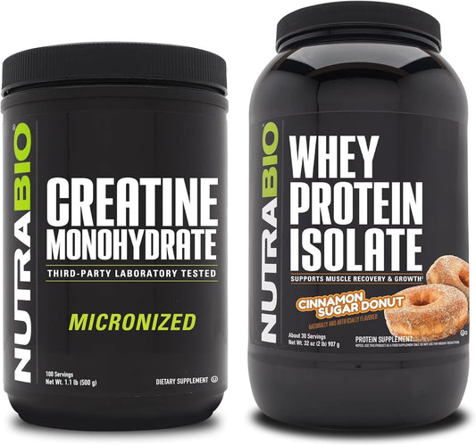NutraBio Creatine Monohydrate and Whey Protein Isolate Supplement Bundle for Muscle Energy, Growth, and Recovery