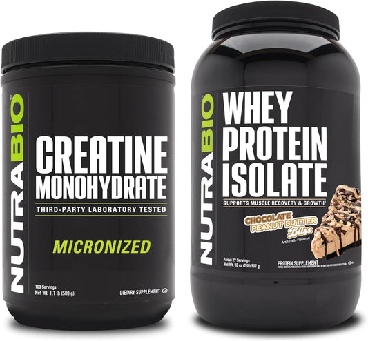 NutraBio Creatine Monohydrate & Whey Protein Isolate Bundle for Muscle Growth and Recovery - 500g Unflavored Creatine + Chocolate Peanut Butter Protein