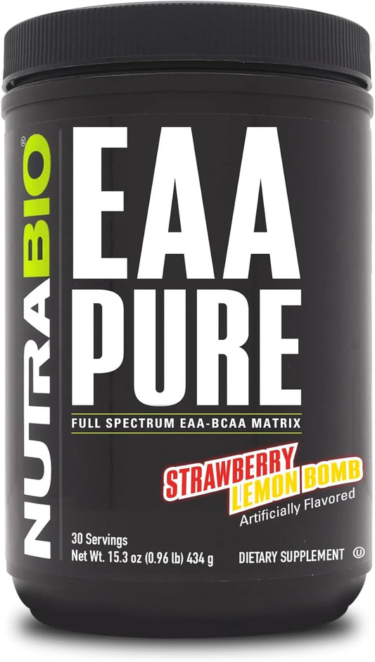 NutraBio EAA Pure Strawberry Lemon Bomb, 30 Servings for Muscle Repair & Recovery, 9 Amino Acids for Pre or Post Workout & All-Day Recovery