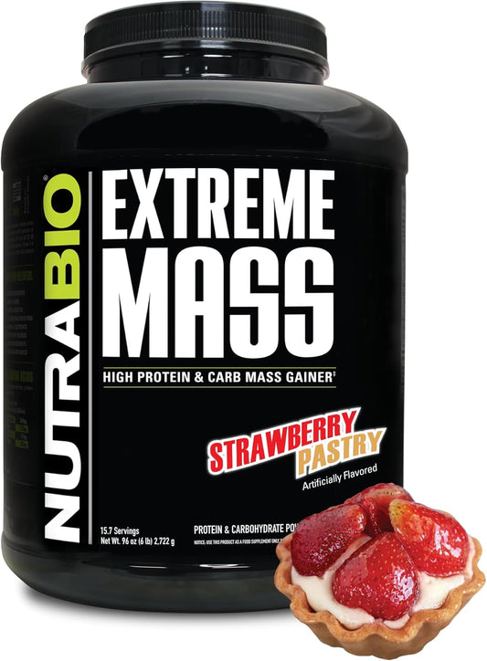NutraBio Extreme Mass Gainer Protein Powder - Strawberry Pastry, 6lb - 53G Protein, Clean Weight Gainer, Boost Muscle Mass with Amino Acids