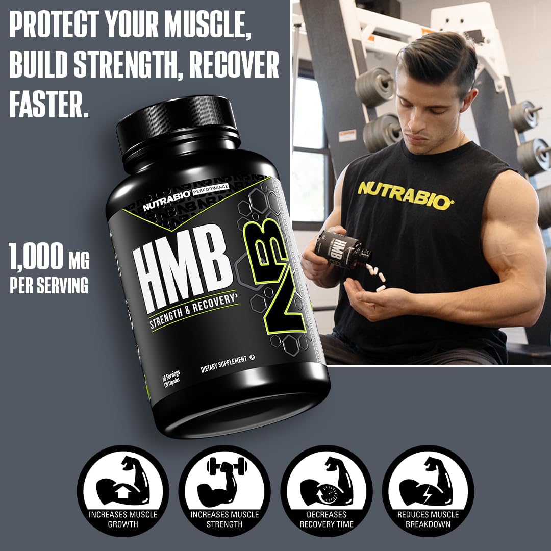 NutraBio HMB 1000mg Supplement - 120 Capsules for Muscle Recovery and Growth
