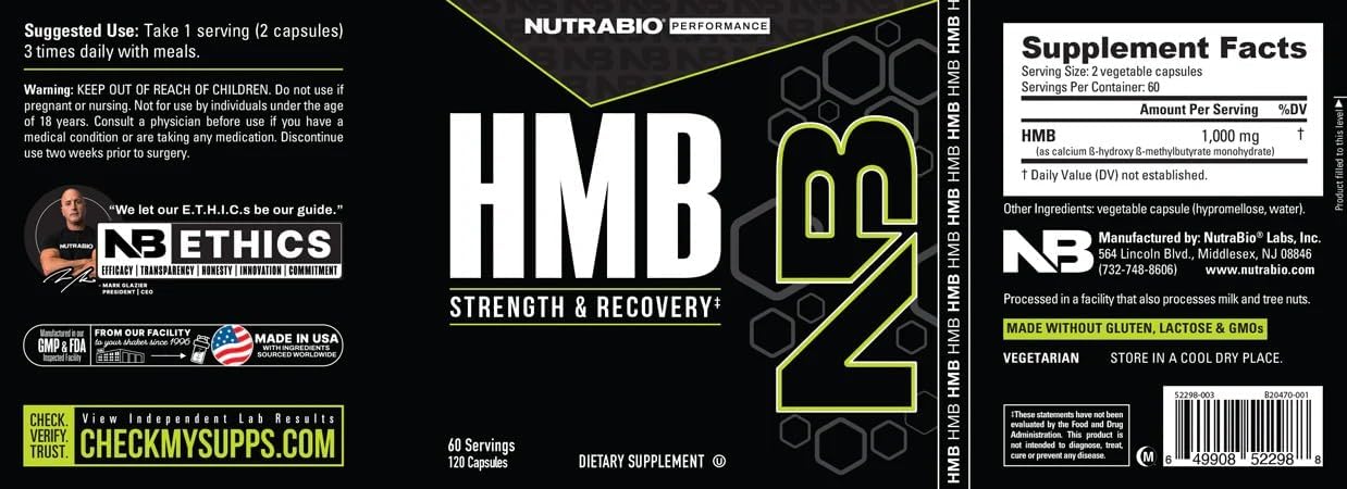 NutraBio HMB 1000mg Supplement - 120 Capsules for Muscle Recovery and Growth