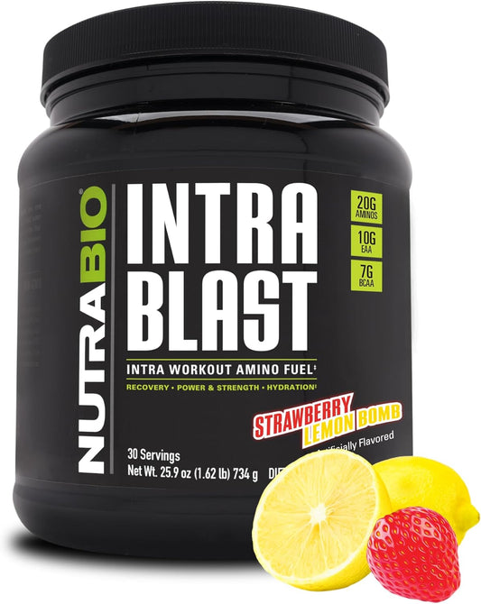 NutraBio Intra Blast Amino Acid Supplement - BCAA EAA Electrolyte Powder, Non-GMO, Gluten-Free - Strawberry Lemon Bomb, 30 Servings