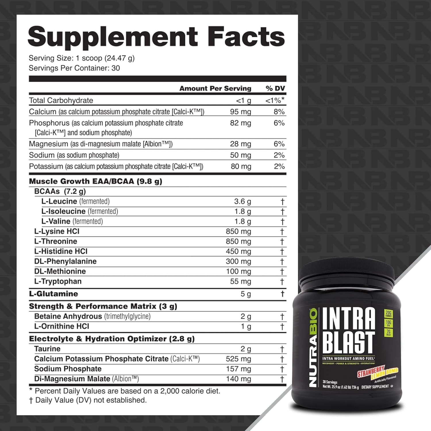 NutraBio Intra Blast Amino Acid Supplement - BCAA EAA Electrolyte Powder, Non-GMO, Gluten-Free - Strawberry Lemon Bomb, 30 Servings