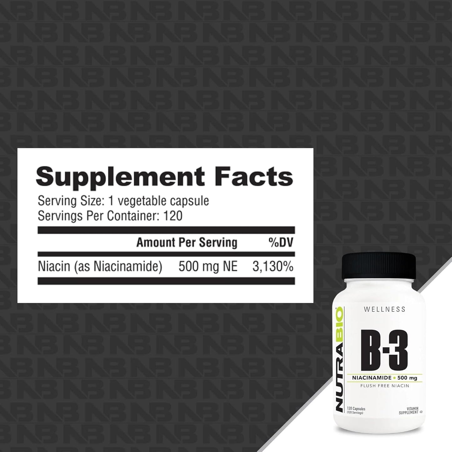 NutraBio Niacinamide Supplement: Normalizes Blood Lipids, Improves LDL & HDL, Flush-Free Vitamin B3 - 500mg, 120 Capsules