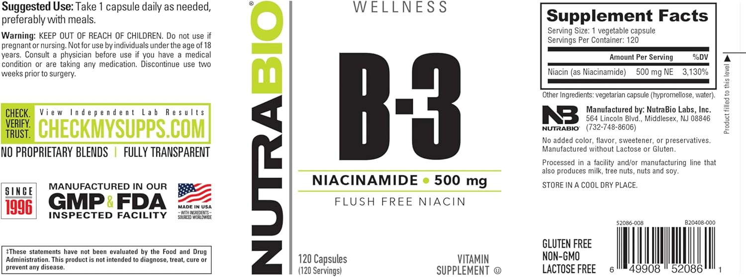 NutraBio Niacinamide Supplement: Normalizes Blood Lipids, Improves LDL & HDL, Flush-Free Vitamin B3 - 500mg, 120 Capsules