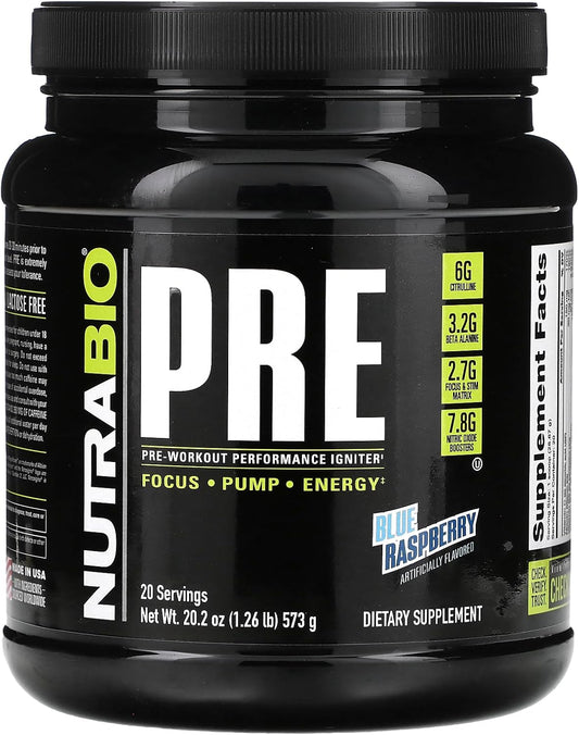 NutraBio PRE Workout for Men: Enhanced Formula for Explosive Energy and Extreme Pumps - Blue Razz Flavor - 20 Servings