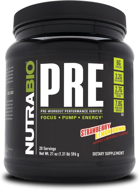 NutraBio PRE Workout Powder - Strawberry Lemon Bomb Flavor - Clinically Dosed Formula with Beta Alanine, Creatine, Caffeine, Electrolytes - 20 Servings for Sustained Energy and Mental Focus