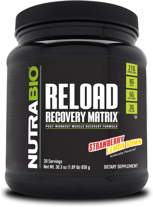 NutraBio Reload Post-Workout Supplement - Muscle Recovery Formula with 3G Creatine, 8G BCAAs, and 5G Glutamine - Strawberry Lemon Bomb Flavor - 30 Servings