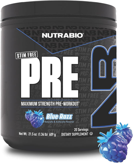 NutraBio STIM-Free PRE Workout for Men - Enhanced Formula for Laser Focus and Extreme Pumps - 20 Servings Blue Razz