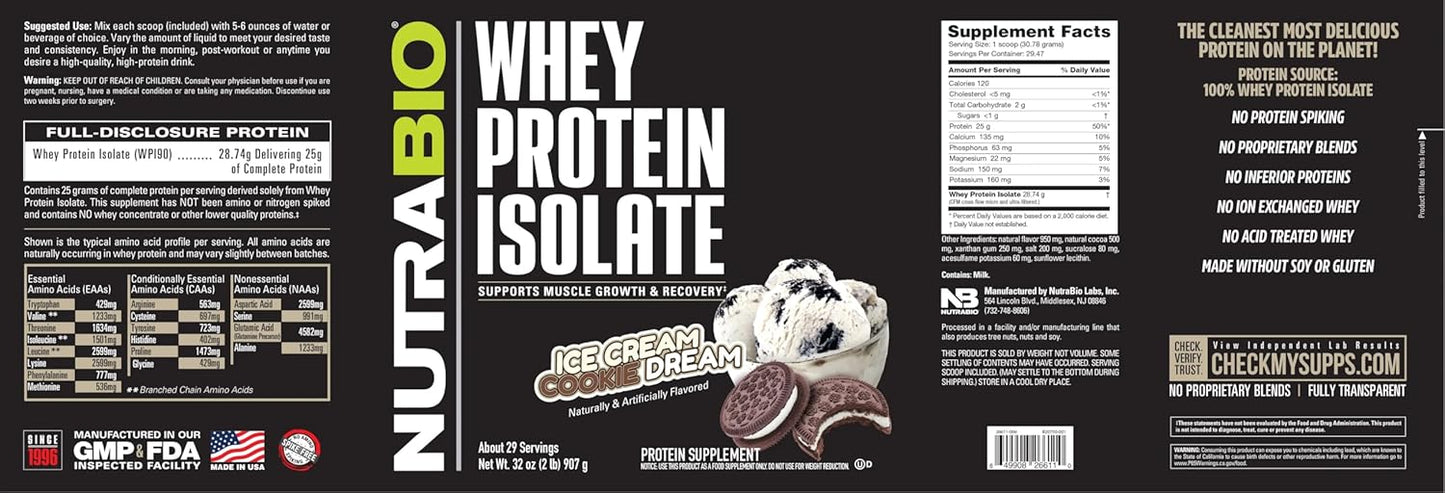 NutraBio Whey Protein Isolate Powder - Ice Cream Cookie Dream Flavor - 2 lbs - 25g Protein, Complete Amino Acid Profile - Non-GMO, Soy and Gluten Free
