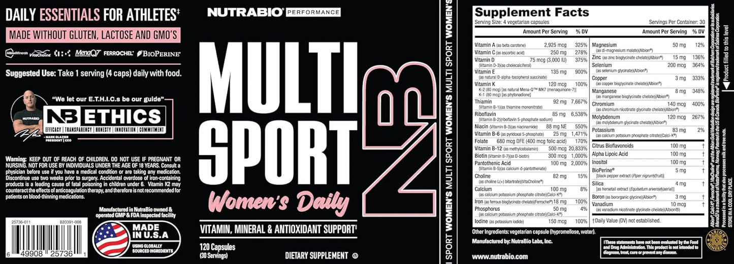 NutraBio Women's Multisport Multivitamin - 33 Vitamins, Minerals, Antioxidants - Peak Athletic Performance & Energy Support - 120 Capsules