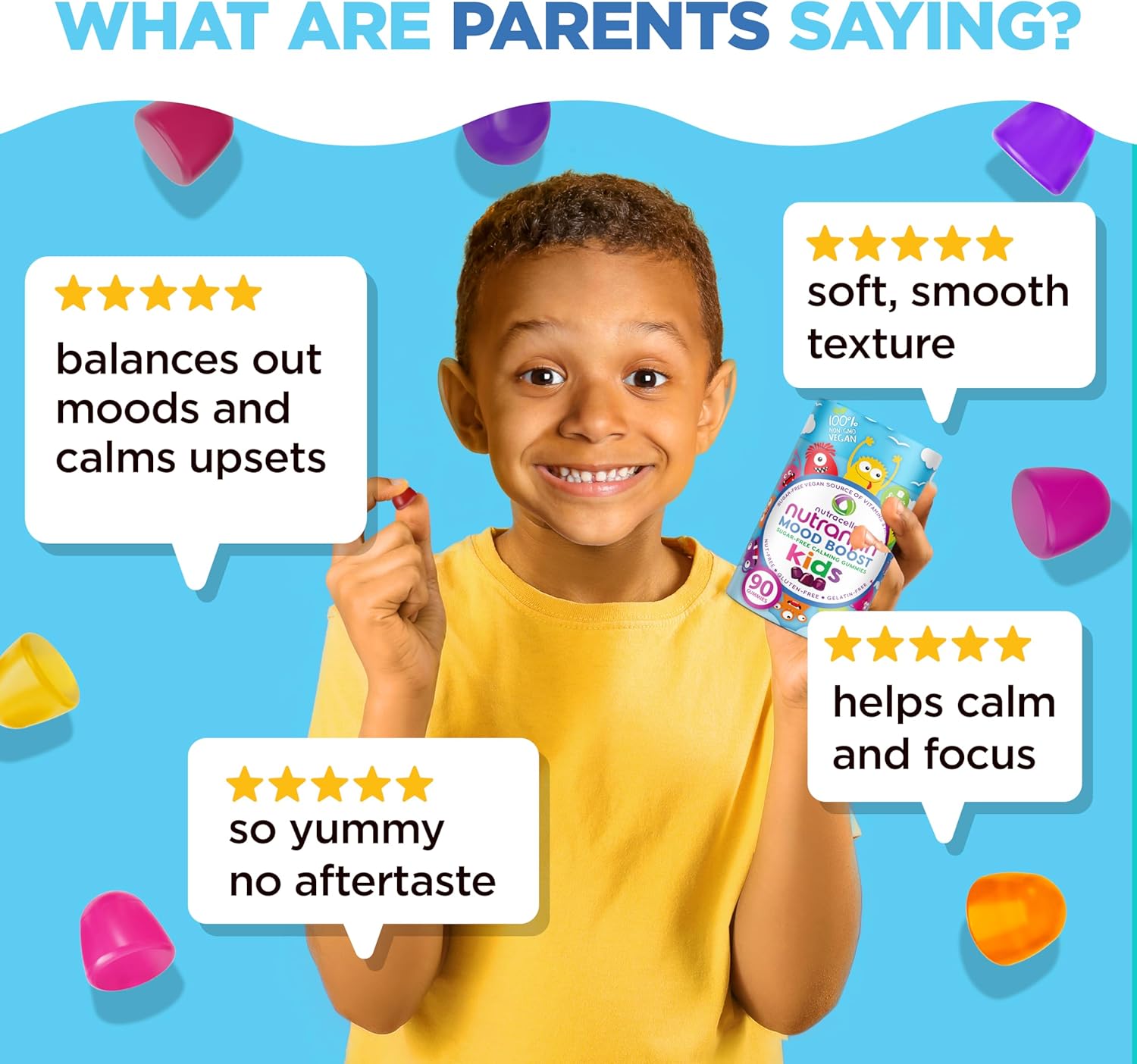 Nutracelle NUTRAMIN Kids Mood Boost Vegam Vitamin Gummy: Calming Magnesium Citrate Supplement with Ashwagandha & Vitamin B Complex - Sugar-Free, Allergy-Safe, Non-GMO 90 ct