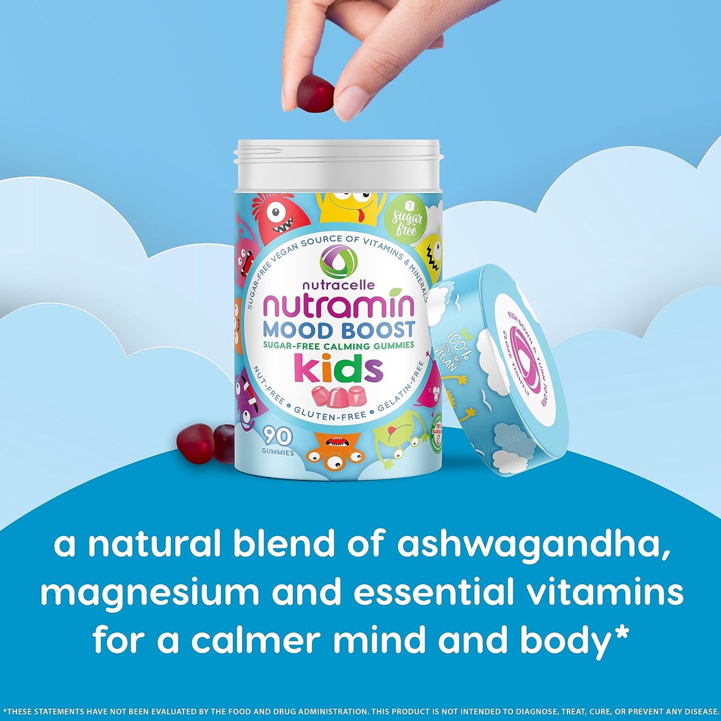 Nutracelle NUTRAMIN Kids Mood Boost Vegam Vitamin Gummy: Calming Magnesium Citrate Supplement with Ashwagandha & Vitamin B Complex - Sugar-Free, Allergy-Safe, Non-GMO 90 ct