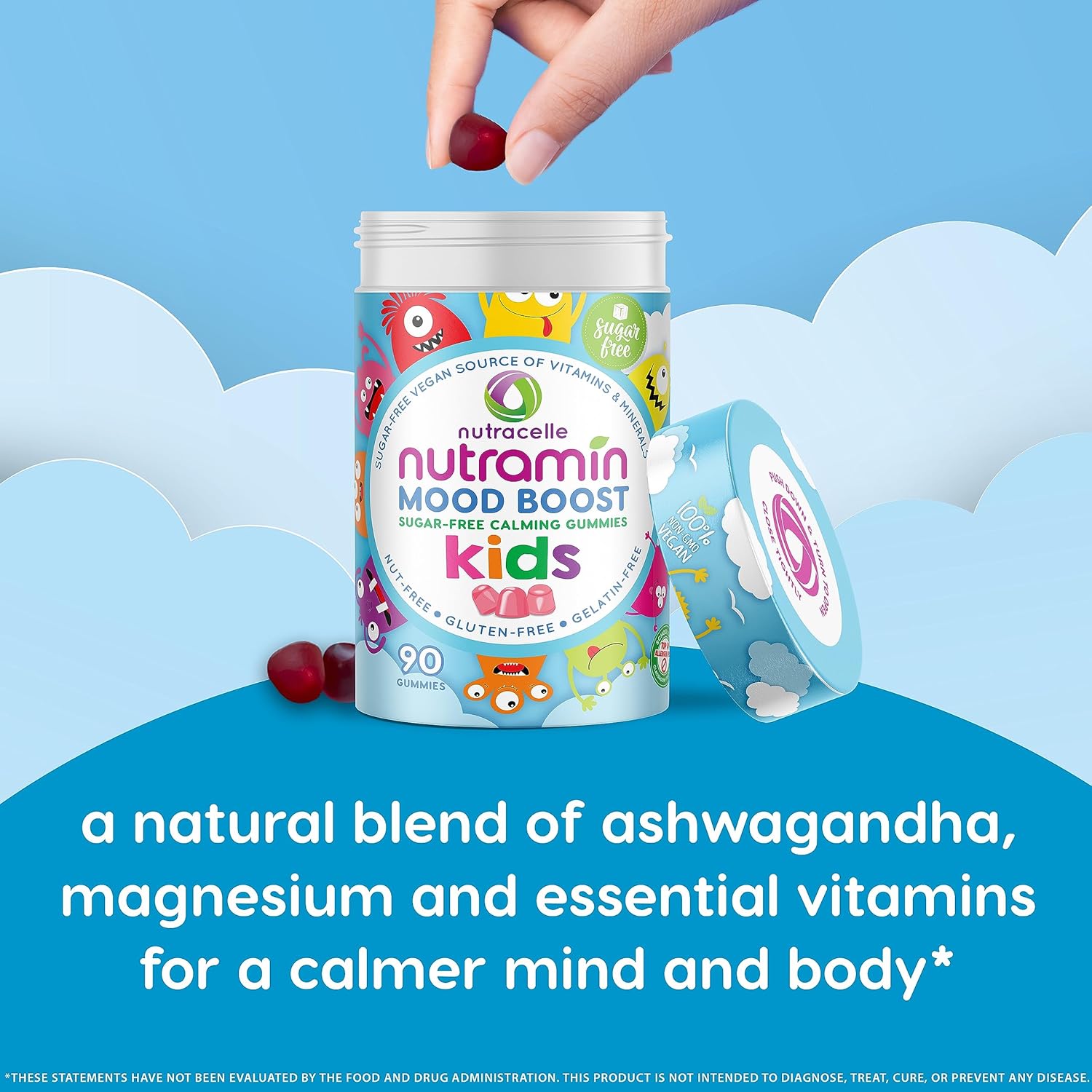 Nutracelle NUTRAMIN Kids Mood Boost Vegam Vitamin Gummy: Calming Magnesium Citrate Supplement with Ashwagandha & Vitamin B Complex - Sugar-Free, Allergy-Safe, Non-GMO 90 ct