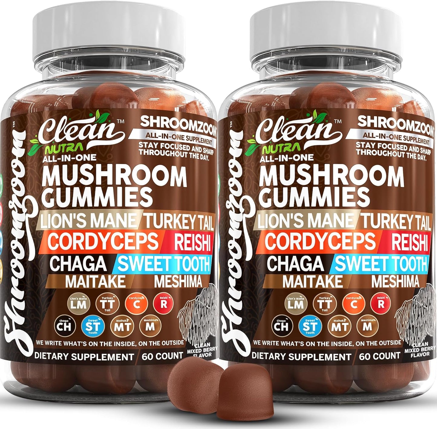 Nutraceutical 15in1 Mushroom Gummies with Lion's Mane, Turkey Tail, Cordyceps, Reishi, Chaga, Maitake, Shiitake Mushrooms - 2Pack