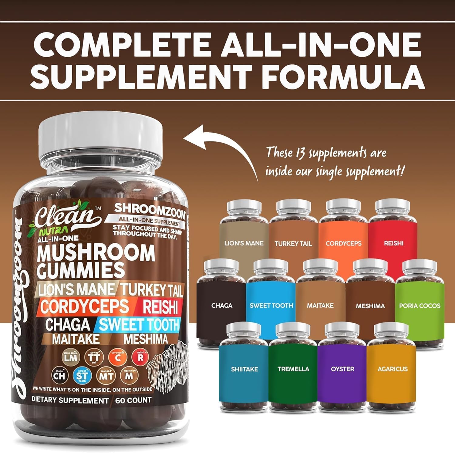 Nutraceutical 15in1 Mushroom Gummies with Lion's Mane, Turkey Tail, Cordyceps, Reishi, Chaga, Maitake, Shiitake Mushrooms - 2Pack