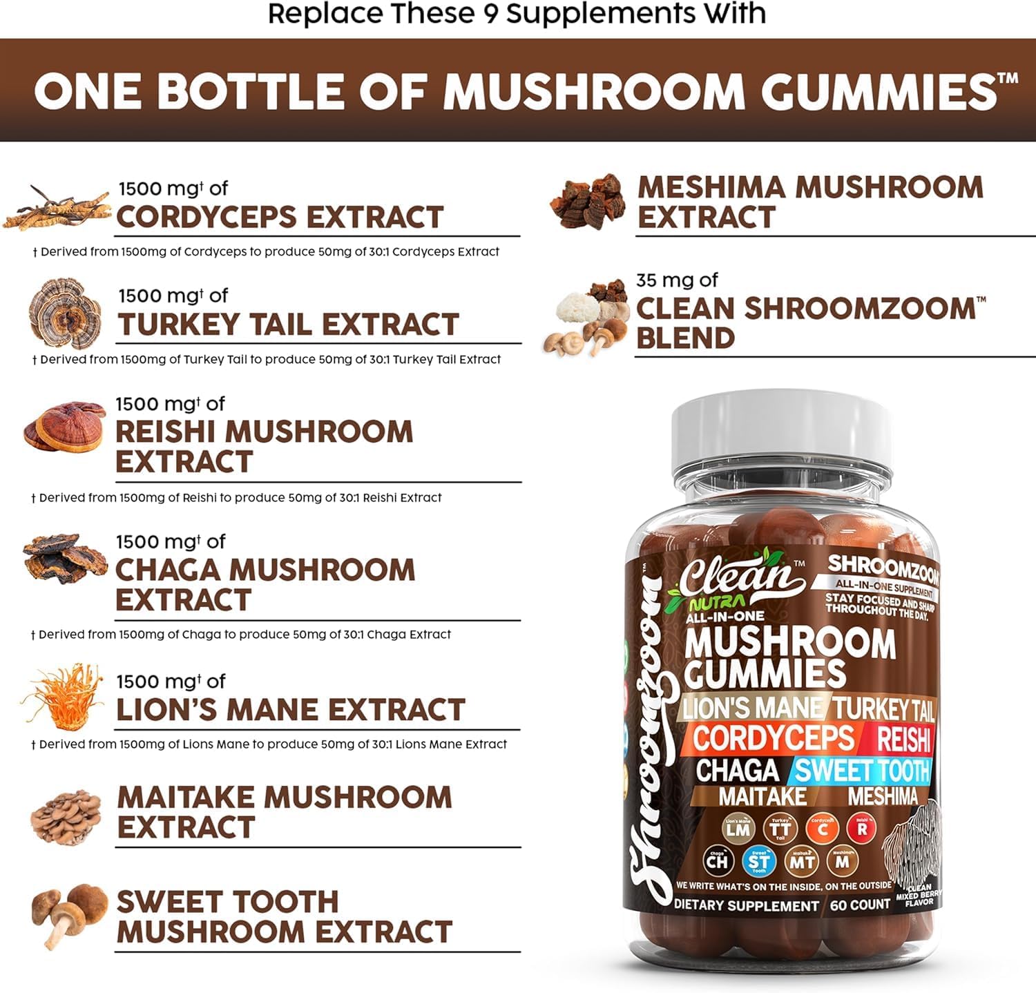 Nutraceutical 15in1 Mushroom Gummies with Lion's Mane, Turkey Tail, Cordyceps, Reishi, Chaga, Maitake, Shiitake Mushrooms - 2Pack