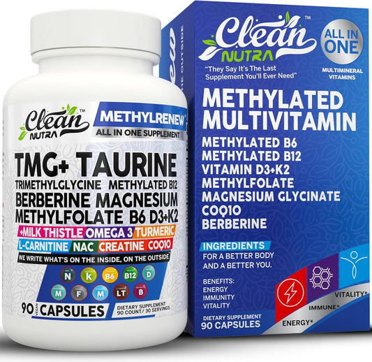 Nutraceutical Methylated Multivitamin for Women and Men with TMG, B6, B12, D3, K2, Magnesium, Methylfolate, Milk Thistle, Omega 3, Turmeric, NAC, L Carnitine, Creatine, COQ10, B Complex - Capsules