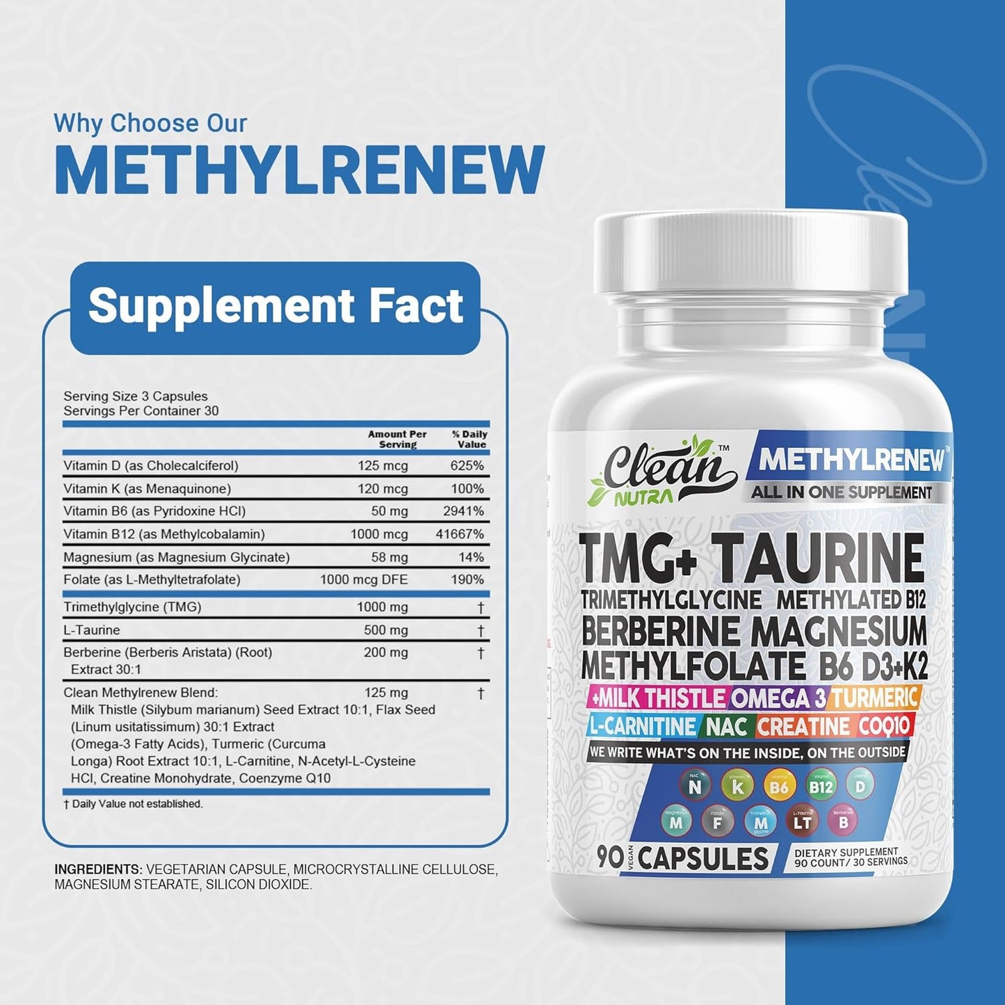 Nutraceutical Methylated Multivitamin for Women and Men with TMG, B6, B12, D3, K2, Magnesium, Methylfolate, Milk Thistle, Omega 3, Turmeric, NAC, L Carnitine, Creatine, COQ10, B Complex - Capsules