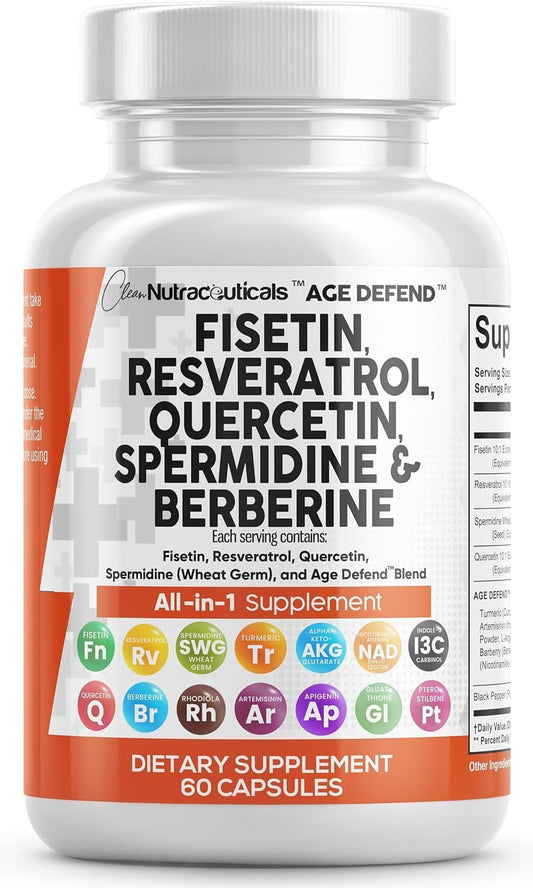 Nutraceuticals Blend for Longevity: Fisetin, Quercetin, Resveratrol, Spermidine, Wheat Germ Extract - Health Supplement with Berberine, Collagen, Rhodiola, Apigenin
