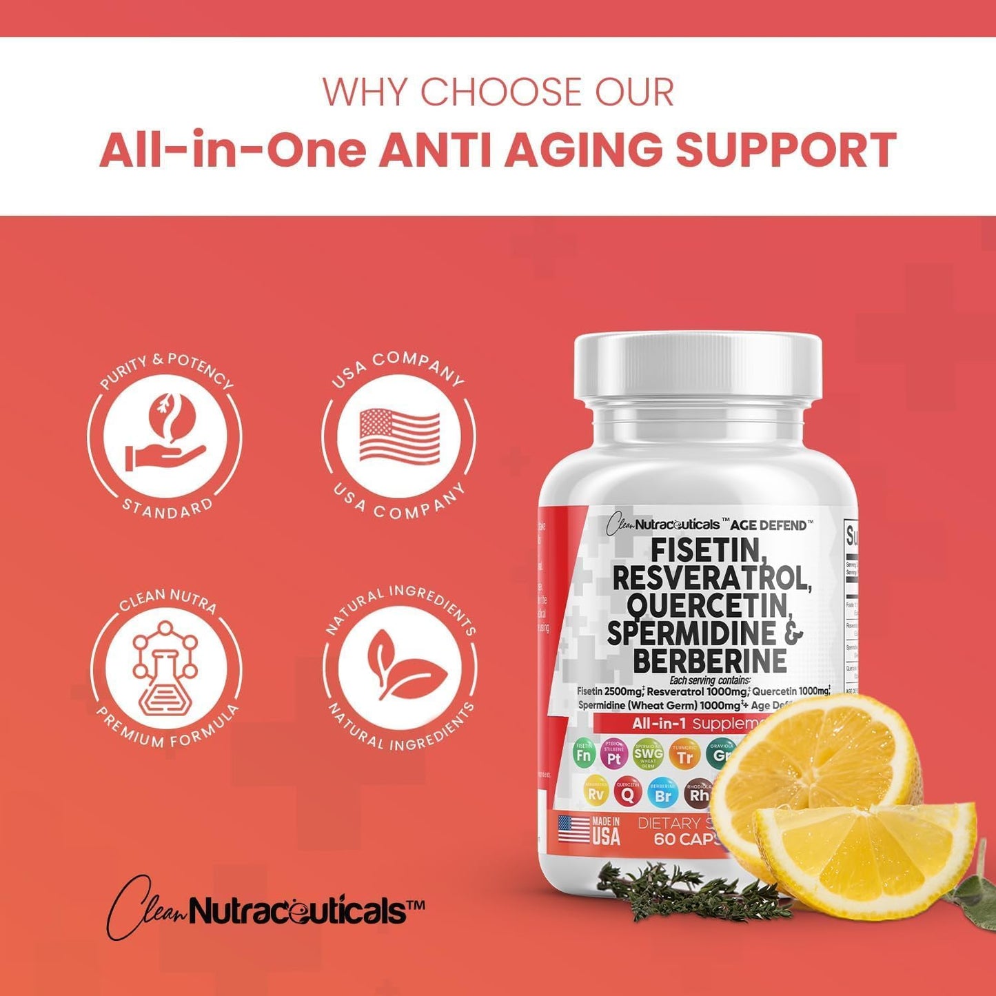 Nutraceuticals Blend for Longevity: Fisetin, Quercetin, Resveratrol, Spermidine, Wheat Germ Extract - Health Supplement with Berberine, Collagen, Rhodiola, Apigenin