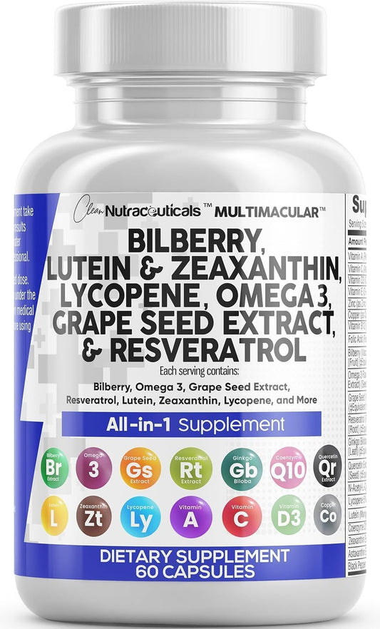 Nutraceuticals Eye Health Vitamins with Bilberry, Lutein, Zeaxanthin, Lycopene, Resveratrol, Omega 3, Astaxanthin - 60 Capsules