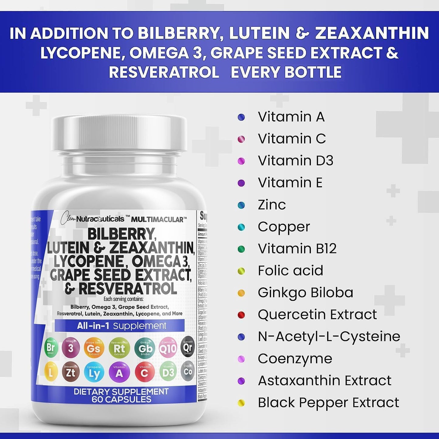 Nutraceuticals Eye Health Vitamins with Bilberry, Lutein, Zeaxanthin, Lycopene, Resveratrol, Omega 3, Astaxanthin - 60 Capsules