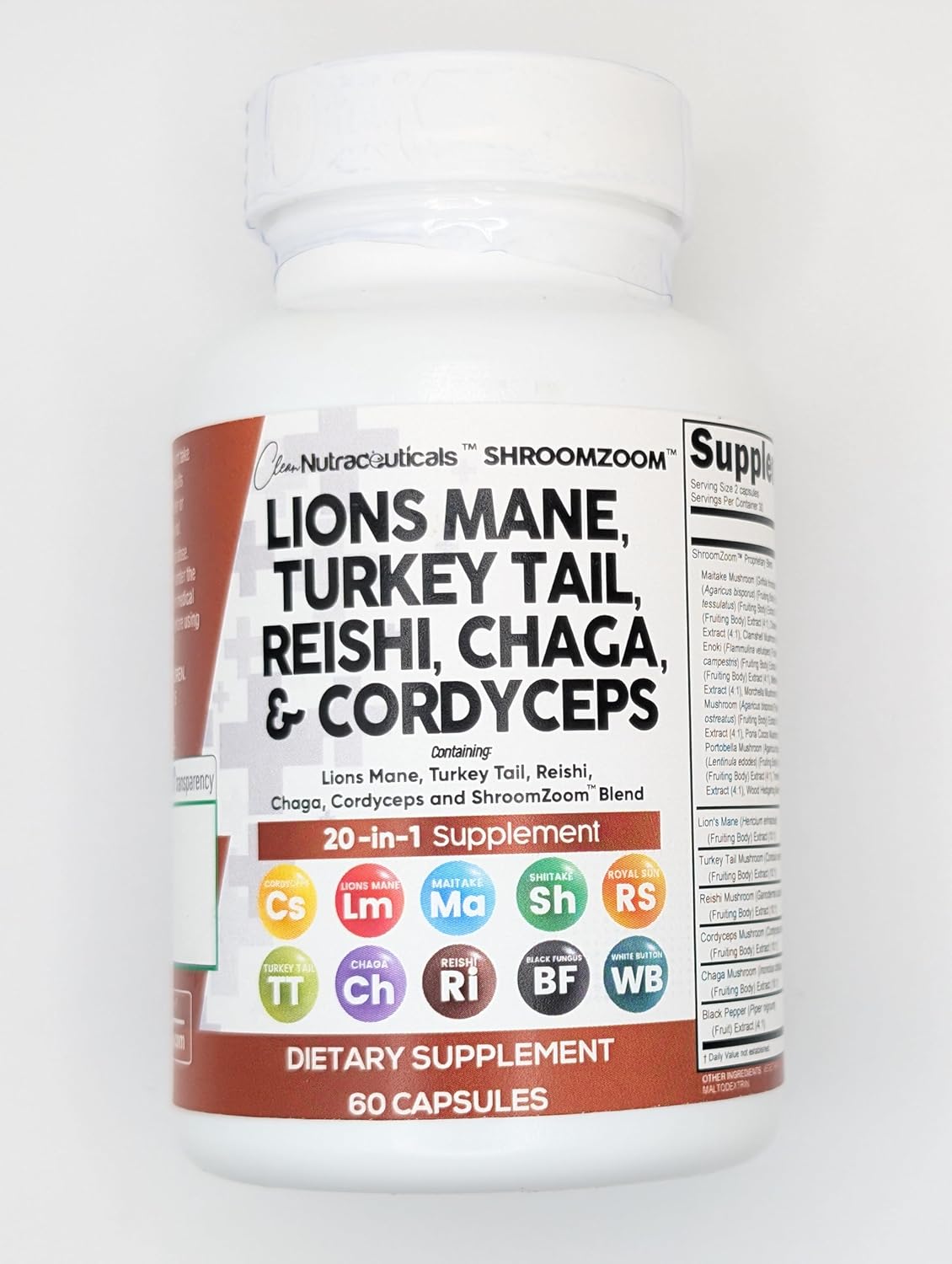 Nutraceuticals Lions Mane 20in1 Mushroom Supplement with Turkey Tail Reishi Cordyceps Chaga Maitake Meshima Poria Cocos Shiitake Oyster Porcini Enoki - Twin Pack