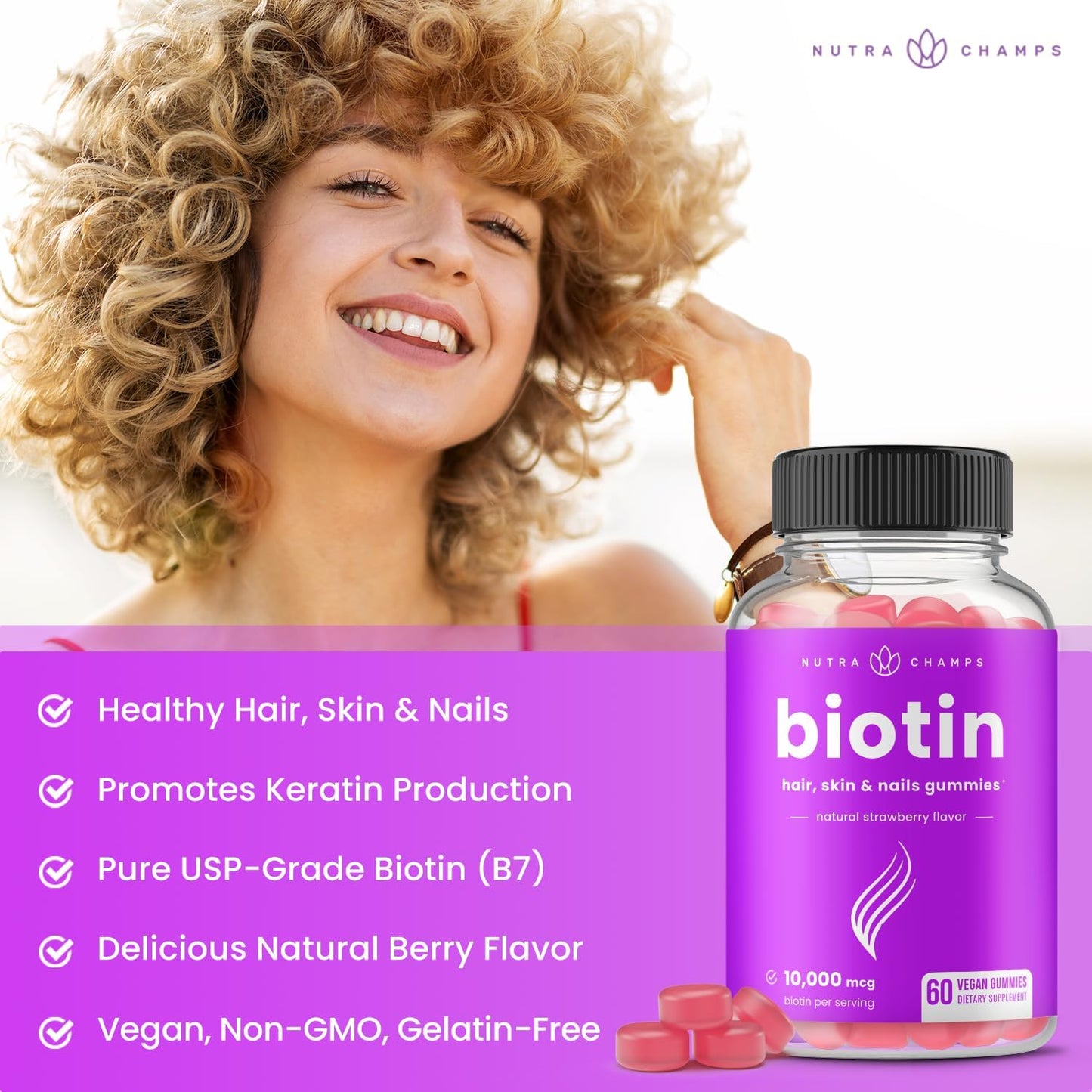 NutraChamps Biotin and B Complex Gummy Vitamins for Hair, Skin, and Nails Support