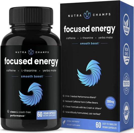 NutraChamps Caffeine and L-Theanine Energy Pills - Vegan Supplement for Clean Focus & Performance, No Crash or Jitters - 60 Count