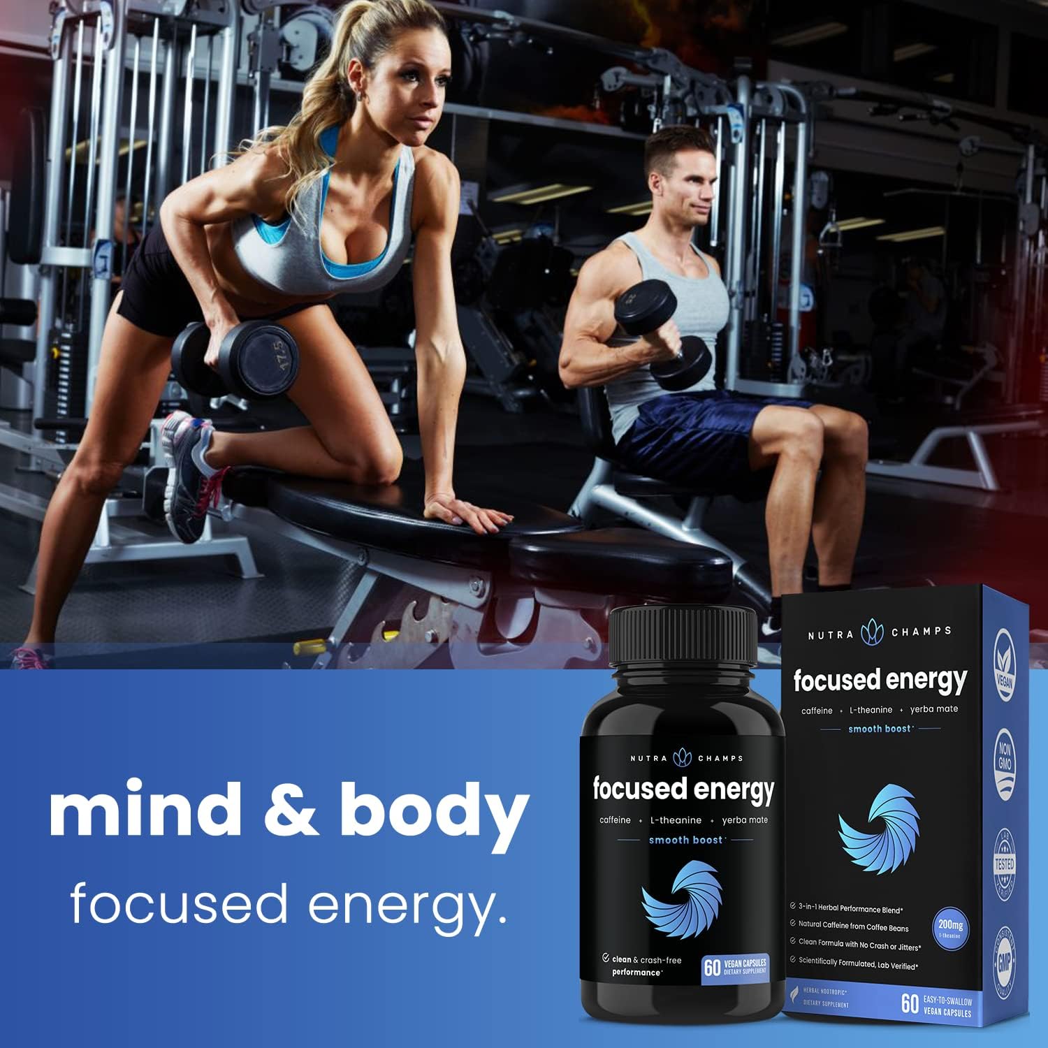 NutraChamps Caffeine and L-Theanine Energy Pills - Vegan Supplement for Clean Focus & Performance, No Crash or Jitters - 60 Count