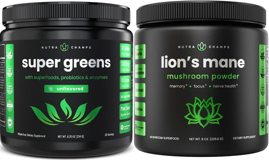 NutraChamps Super Green and Lion's Mane Powder Bundle - Unflavored Greens and Adaptogens