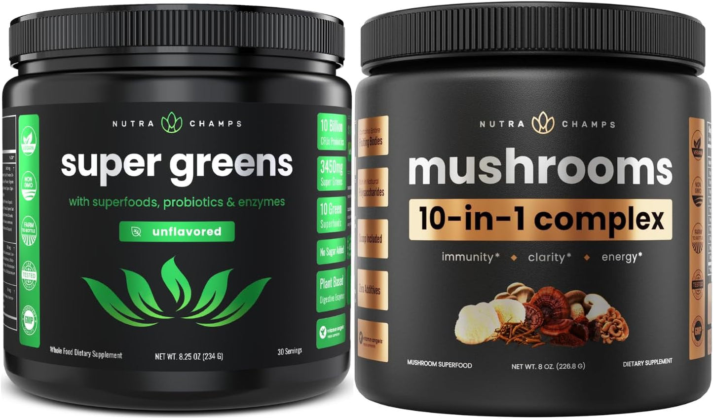 NutraChamps Super Greens & Mushrooms Blend for Brain, Gut, and Body Support