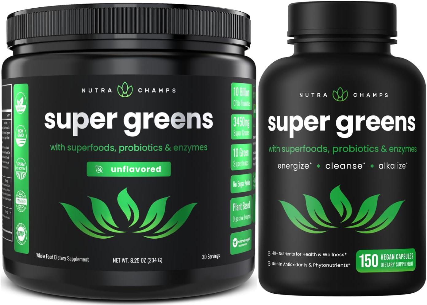 NutraChamps Super Greens Powder and Capsules for an Unflavored Boost of Nutrients